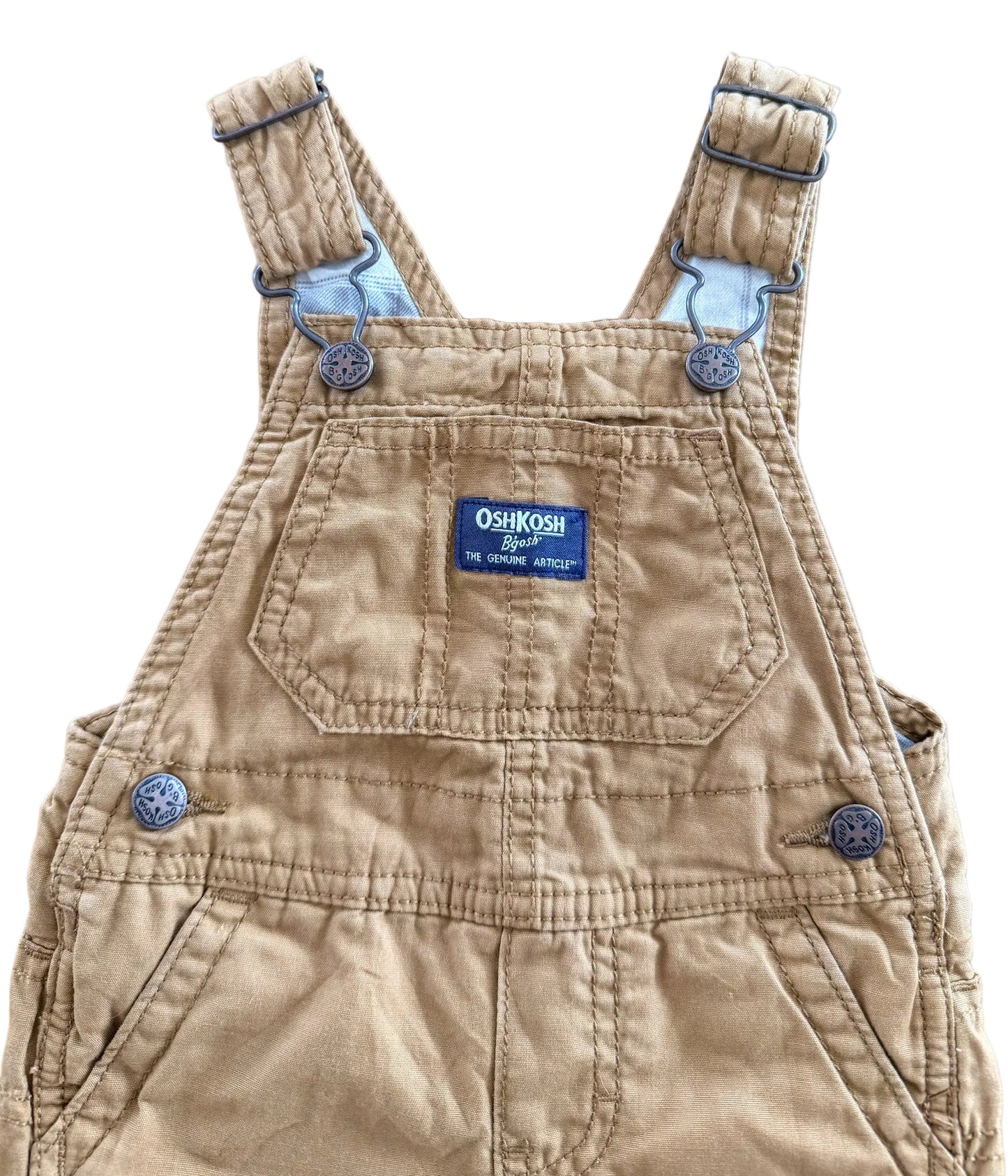 Vintage Kids OshKosh Bgosh Tan Cotton Snap Button Leg Overalls Size 9 Months