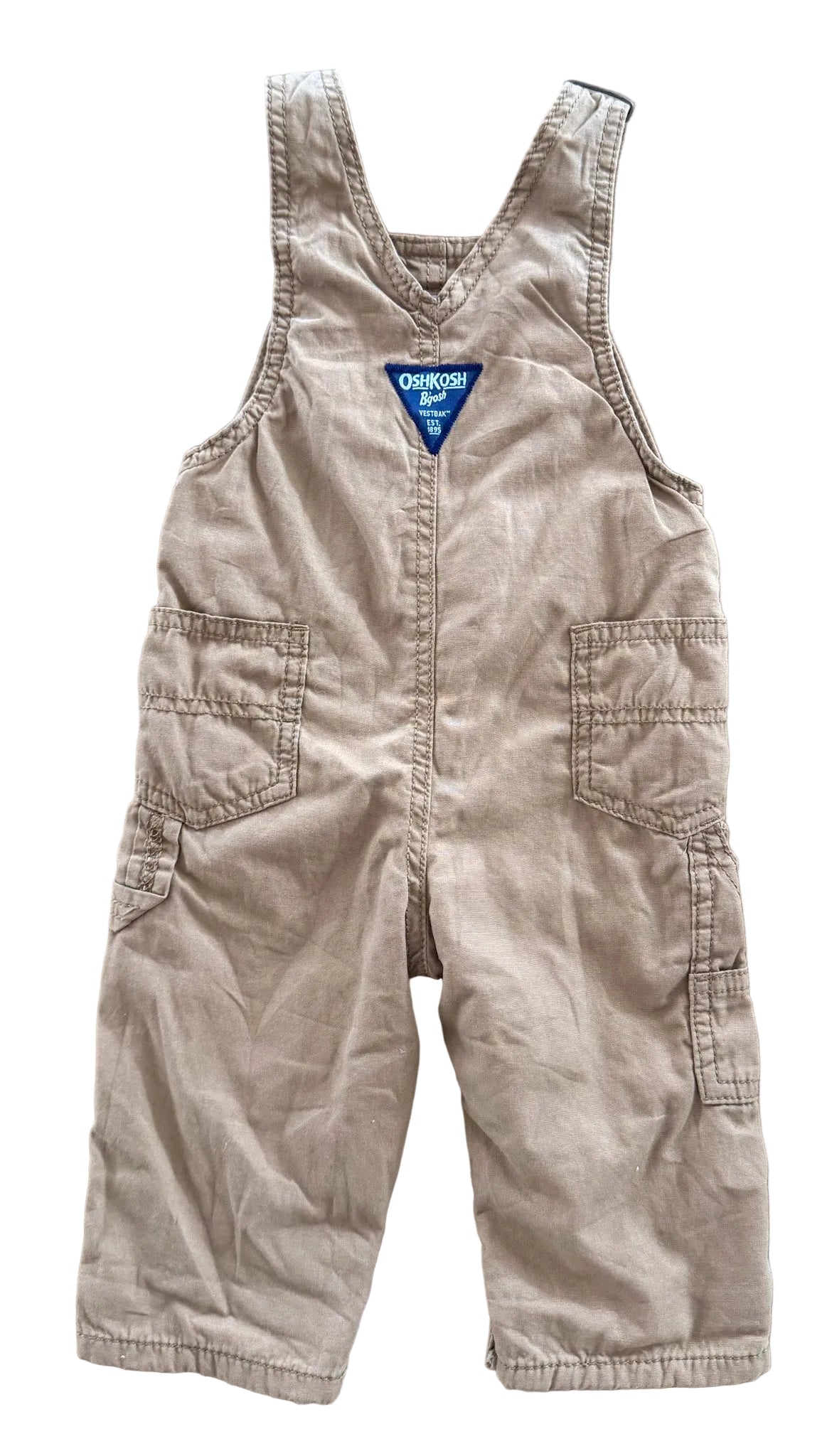 Vintage Kids OshKosh Bgosh Tan Cotton Snap Button Leg Overalls Size 9 Months