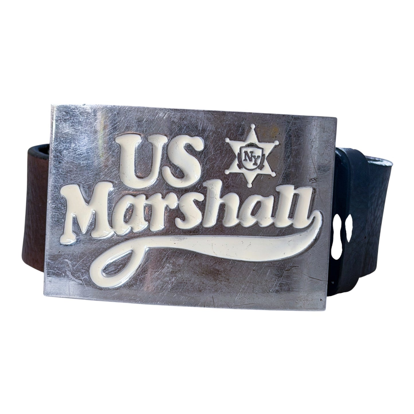 Vintage 90s U.S Marshall Buckle Brown Leather Belt, Large