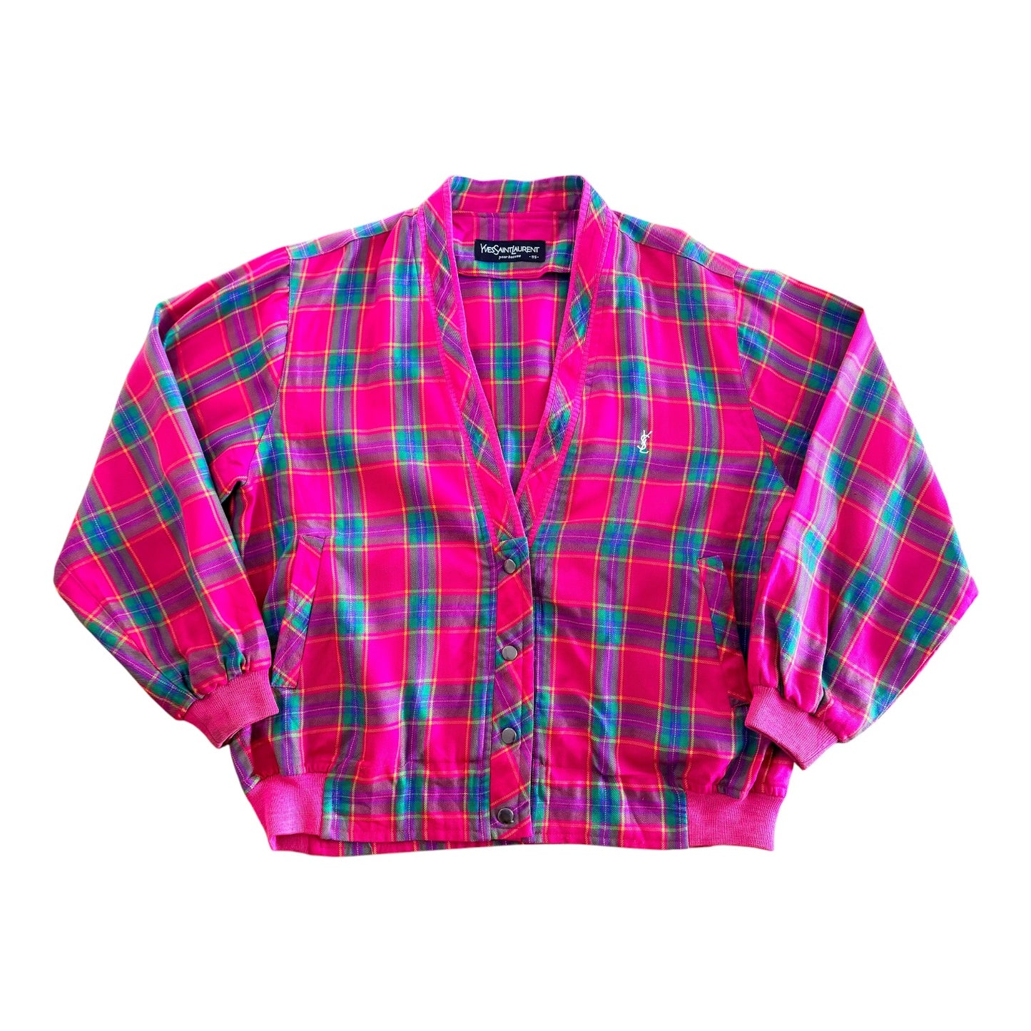 Vintage Yves Saint Laurent Hot Pink Tartan Bomber Jacket, Large