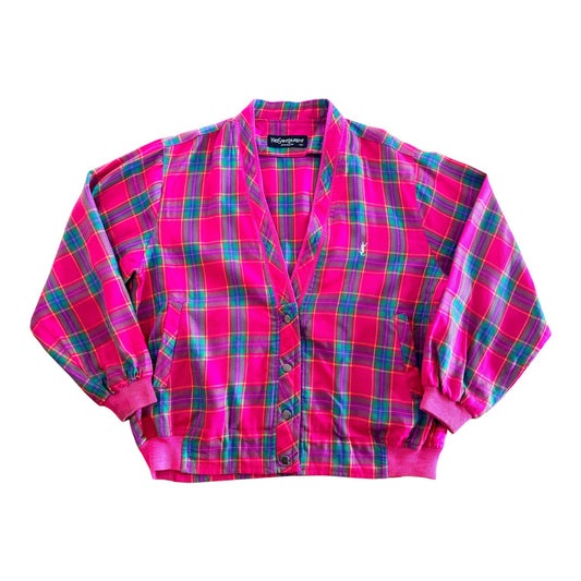 Vintage Yves Saint Laurent Hot Pink Tartan Bomber Jacket, Large