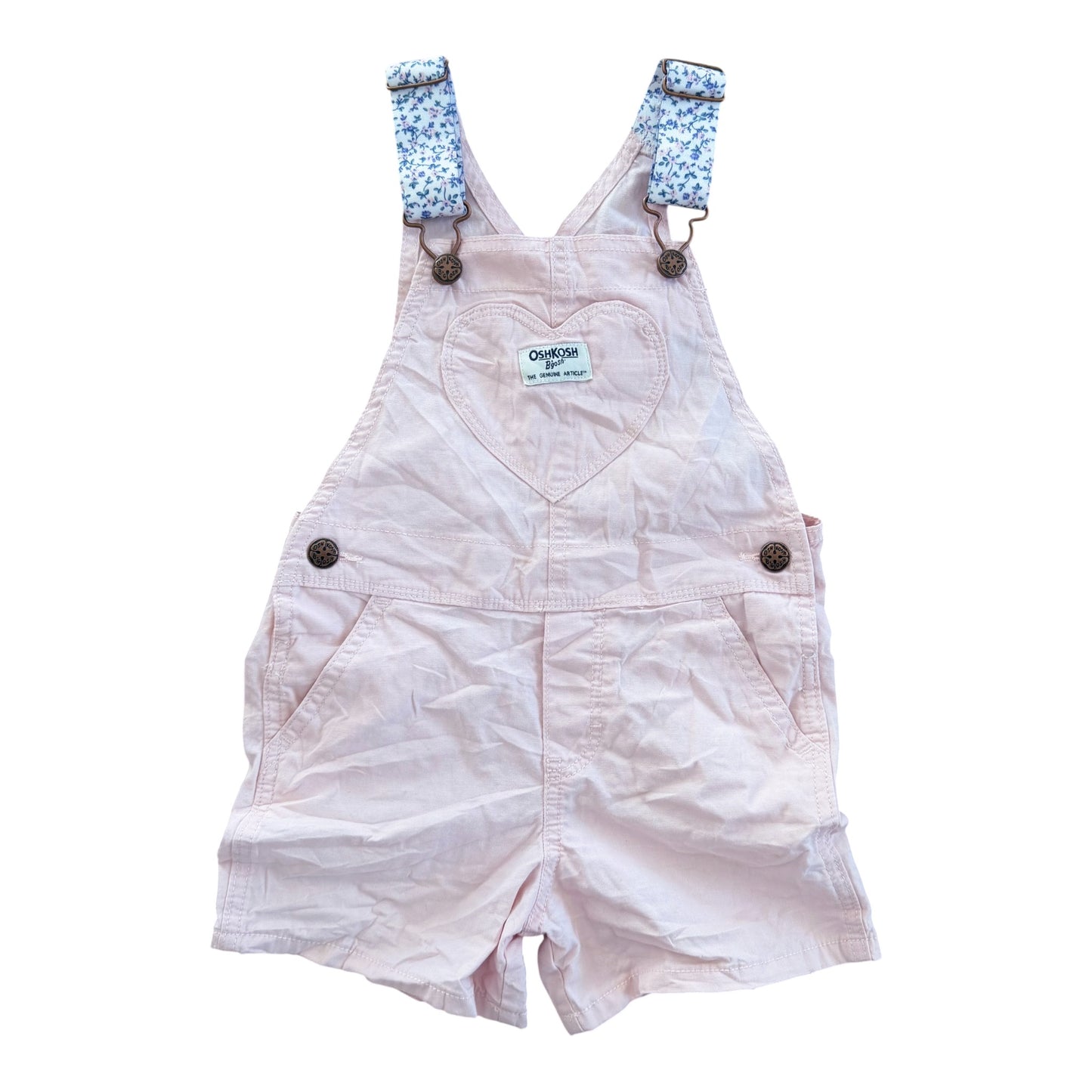 Kids OshKosh B’gosh Dusty Pink Heart Pocket Short Overalls, 4 Years