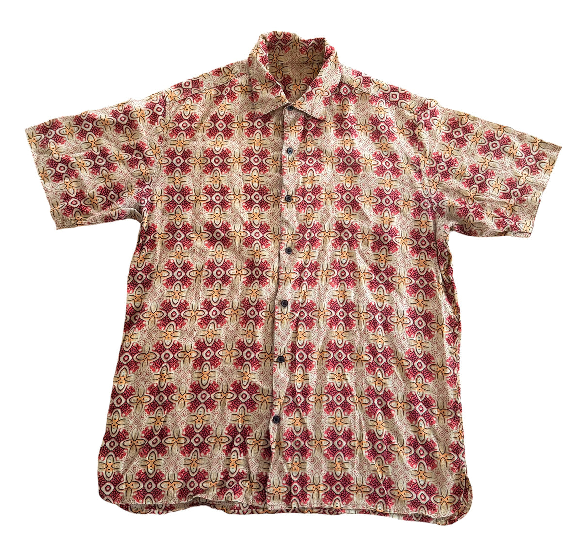 1990s Style Red Geometric Floral Short Sleeve Shirt, XL