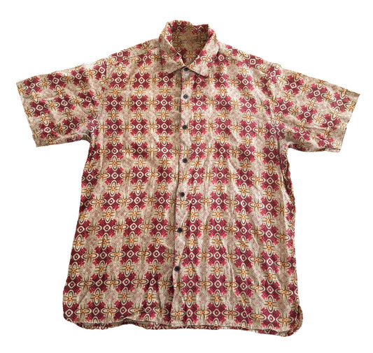 1990s Style Red Geometric Floral Short Sleeve Shirt, XL