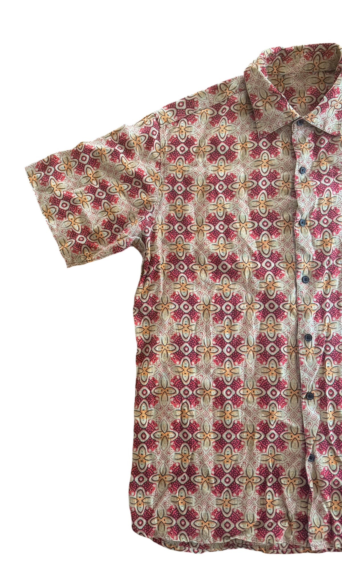 1990s Style Red Geometric Floral Short Sleeve Shirt, XL