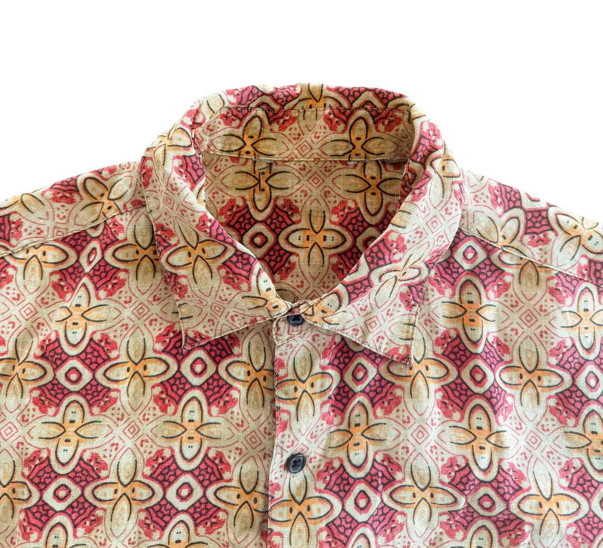1990s Style Red Geometric Floral Short Sleeve Shirt, XL